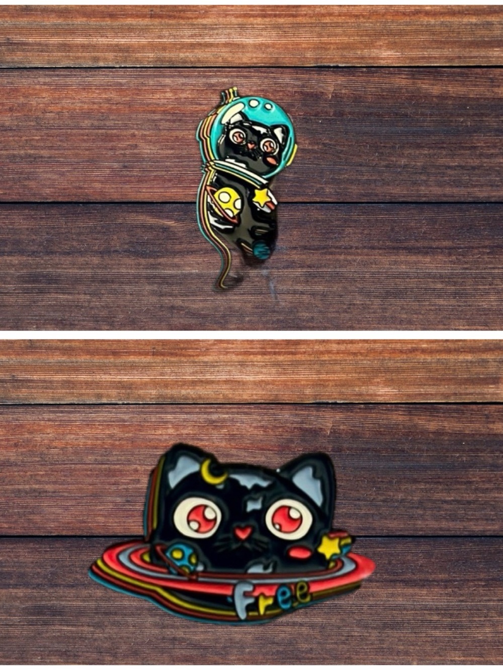Set of 2 Black Space Cat Saturn and Astronaut lapel pins